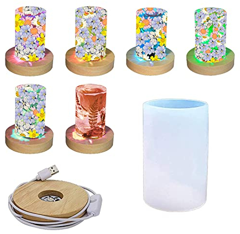 CDIYTOOL Moule cylindrique en résine Lumineuse, Support de lumière de Nuit, Moule en résine époxy, Moule en Silicone LED pour résine avec Base en Bois éclairée, décoration pour Art en résine
