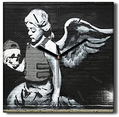 Coloray Uhr auf Leinwand 30x30cm Segeltuch Dekoration Wand Uhr Ohne tickendes Geräusch Wohnzimmer - Engel Rüstung Banksy