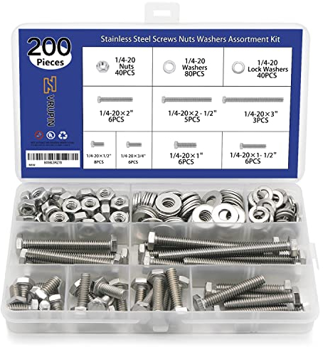 200 Stück 304 Sechskantschrauben, Muttern, flache Federscheiben-Set (1/4-20 (200 Stück)