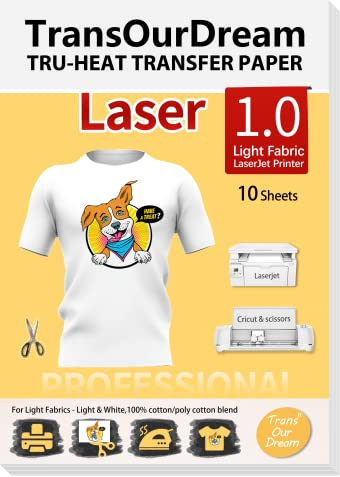 TransOurDream Tru-Transfer Paper for Laser Printer 10 Sheets A4 Iron on Transfers for Cotton Heat Transfer Paper for Light Fabric White T-Shirt Easy to Use DIY Gifts