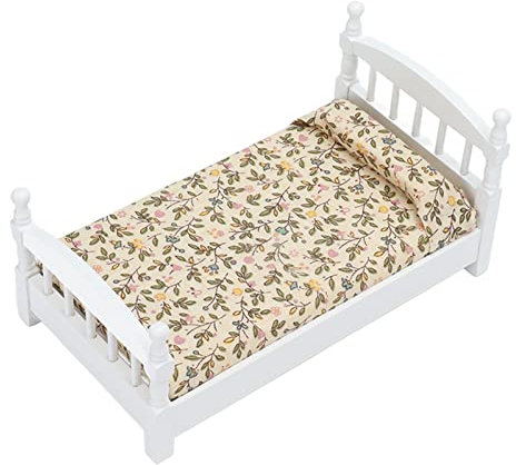 Shanrya Puppenhaus Schlafzimmermöbel, Holz Puppenhaus Bett Gravur Details mit Matratzenkissen für