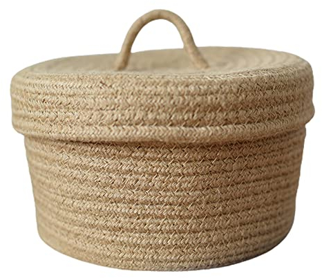 OSDFFI Runder Aufbewahrungskorb aus Baumwollseil mit Deckel, 20 x 13 cm, kleiner gewebter Korb mit Deckel, dekorativer gewebter Aufbewahrungskorb für Zuhause, Küche, Braun, L