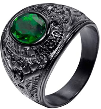 OAKKY Herren Edelstahl Weinlese Amerikanische Soldaten Eagle Set mit Edelstein Ring Grün Schwarz Überzogen Größe 57 (18.1)