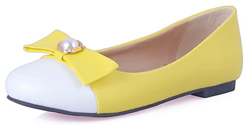 Bviennic Bride Wedding Flats Women Round Toe Ballerina Ballet Dolly Shoes Bows Casual Walking Comfy Girls School Prom Office Loafers Yellow Size 1 UK-33CN