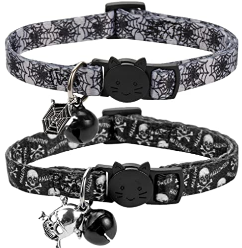 Katzenhalsband Halloween 2er Set Schädel Katzenhalsband für kleine Hunde Urlaub Kätzchen Halsband mit Glöckchen
