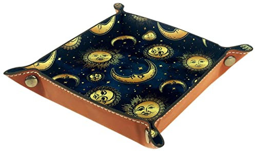 Leather Tray Valet Tray Bedside Organizer Desk Storage Plate Catchall Gold Celestial Bodies Moon Star Navy