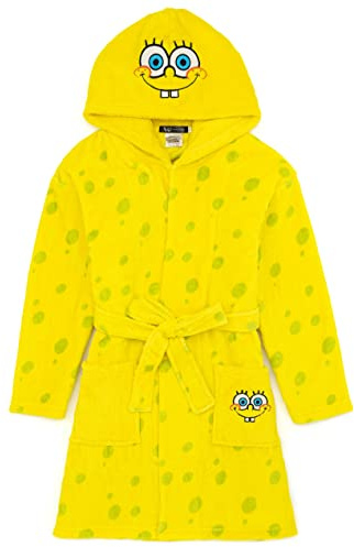 SPONGEBOB SQUAREPANTS Dressing Gown Kids | Boys Girls Yellow Robe Pyjamas Bathrobe | Character Hood Fluffy Fleece With Adjustable Belt