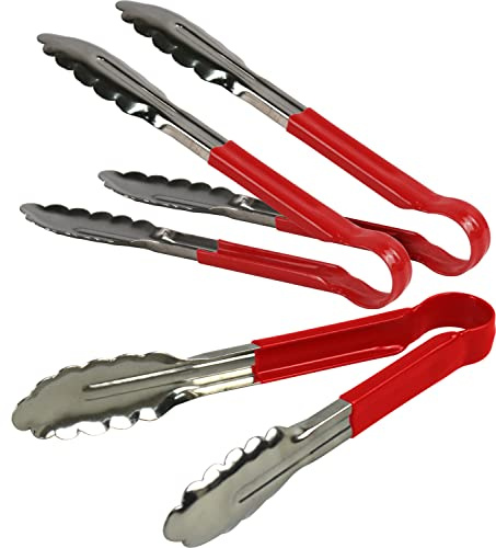 3X Catergold Professional Stainless Steel Cooking Tongs Set (9, Red)