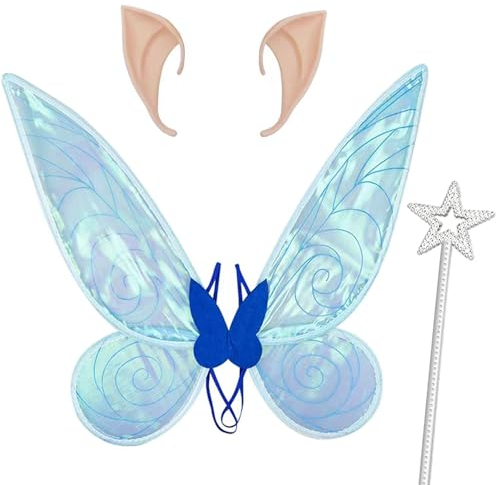 Winwild Feen Kostüm Damen Set,4er Elfe Kostüm Tüllrock mit Elfen Fee Flügel & Elfenohren & Blumenkranz Zahnfee Waldfee Faschingskostüme Damen Nymphe Cosplay Forest Fairy Costume(Grüner)