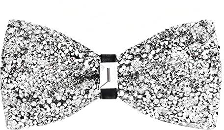 PINEPAN Strass Fliege für Männer - Vorgebundene Pailletten Diamant Fliege Verstellbar für Party, Bankett, Hochzeit - Silber