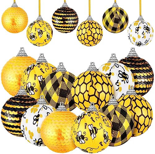 Yuxung 12 Stück Weihnachts-Bienen-Ornamente, Mini-Waben-Kugel, hängende Ornamente, gelbe schwarze Streifen, Bienenkugel zum Aufhängen mit Pailletten, für Weihnachten, Urlaub, Party, Gastgeschenke