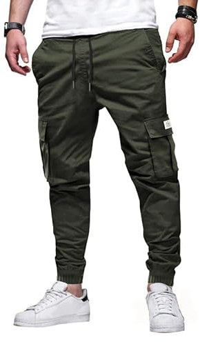 Elegancity Mens Cargo Trousers Casual Jogger Work Pants Regular Fit Drawstring Sweatpants Sports Bottoms with Pockets (Green, 46)