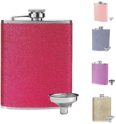 Hezhou Frauen Flachmann Klein mit Glitzer Color Mini Mit A Trichter Tragbar Edelstahl Flachmann Tragbar Edelstahl Zum Wandern, Klettern, Camping 235ML(8Oz) (Rose)