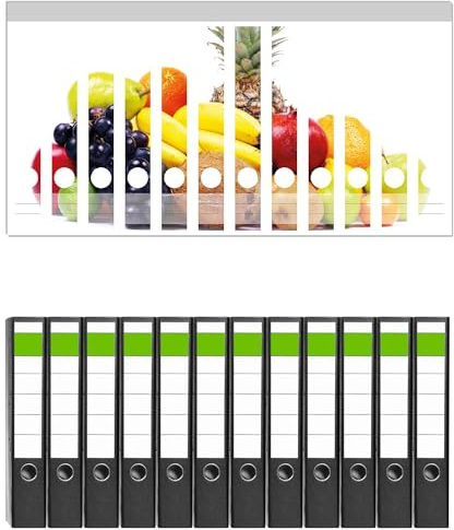 Wallario 12 Stück schmale Ordner inkl. Klebeetiketten mit Motiv Gemischtes Obst aus aller Welt - Exotische Obstsammlung - Set mit Rückenschildern/Ordnerrücken Stickern