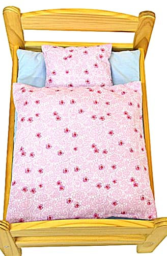 Romantische Bettwäsche für Puppenwagen Paula , 2teiliges, Set aus Baumwollmischgewebe, Zubehör für Puppenbett und Puppenwagen Puppenbettwäsche für Puppenbett, Puppenbettzeug Decke und Kissen
