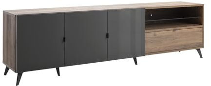 Composad | Mobile porta TV della Linea INFINITO con 3 Ante, 1 Cassetto e 1 Vano con Led, Base Multiuso, (LxAxP) 225,5x64,6x42,9 cm, Grigio Titanio Laccato e Noce Brera, Made in Italy