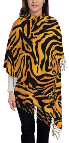 VhoMes Schal mit Tiermotiv, Tiger-Quasten-Schal, warmer Fransenschal, luxuriöser Damen-Wickelschal, für alle Jahreszeiten, 72 x 197 cm