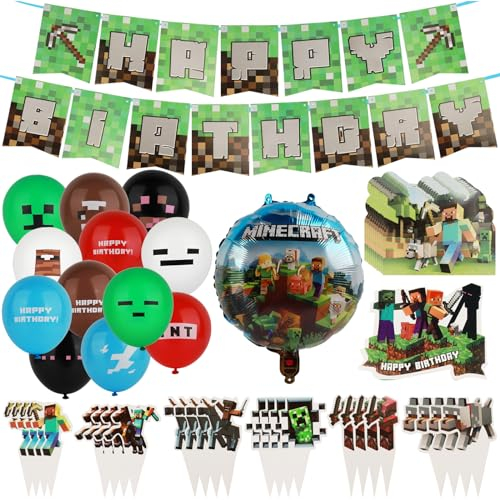 63 Stück Miner Gamer Thema Party Dekoration,Geburtstagsdeko Set Minecraft Party Geburtstag Deko Enthält Luftballons Happy Birthday Banner Cupcake-Topper Tortendeko für Jungen Minecraft Geburtstag Deko