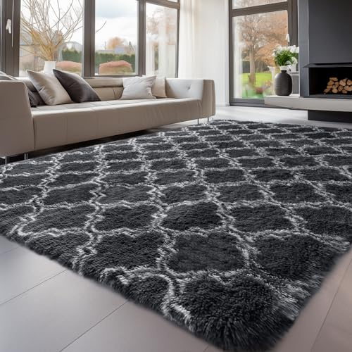 Sour Lemon Hochflor Teppich Groß, Grau Teppich Wohnzimmerteppich 120x160cm | Teppiche Schlafzimmer Flauschiger Teppich Waschbar Anti-Rutsch Extra Große Carpet Teppichen für Schlafzimmer Kinderzimmer