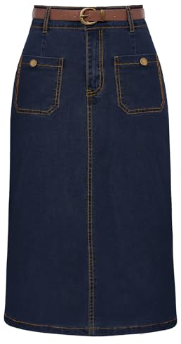 Damen Rock Jeansrock Midi Denim Rock mit Schlitz Bleistiftrock mit Gürtel Dunkelblau L