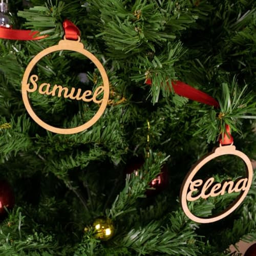 Bola de Navidad Personalizada con Nombre Simple de Madera. Regalo Original Personalizado con Nombre de Madera. Adorno para el árbol de Navidad. Cordel de Raso Rojo Incluido. (Pack 5)