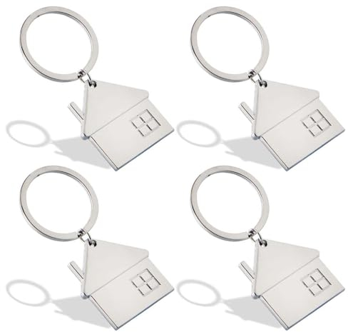 EUPSIIU Metall Schlüsselanhänger - 4 Stück Mit Haus, Silber Klein Schlüsselringe, Einzugsgeschenke für Paare