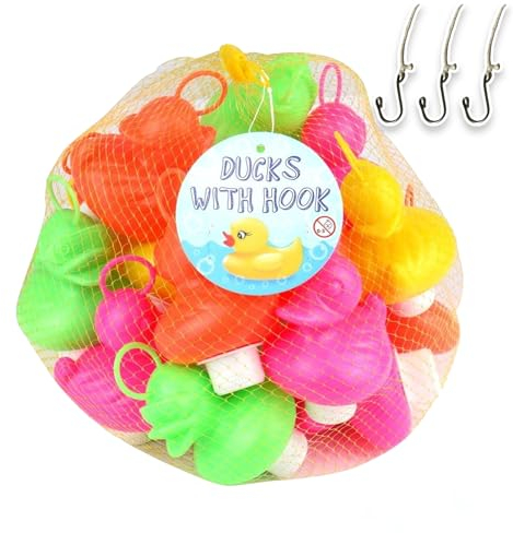 Kit de Pêche aux Canards avec 20 Canards Multicolore en Plastique avec Crochet et Poids Comprend 3 hameçons, Jouet de Bain, Jouet de Piscine, pêche Canards garçons et Filles (édition spéciale)