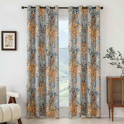 WONGS BEDDING Vorhänge Grau Gardinen mit Ösen Blätter Muster Vorhang Blickdicht, Schöne Elegante Verdunklungsvorhänge für Deko Wohnzimmer Schlafzimmer, 140x175 cm (BxH), 2er