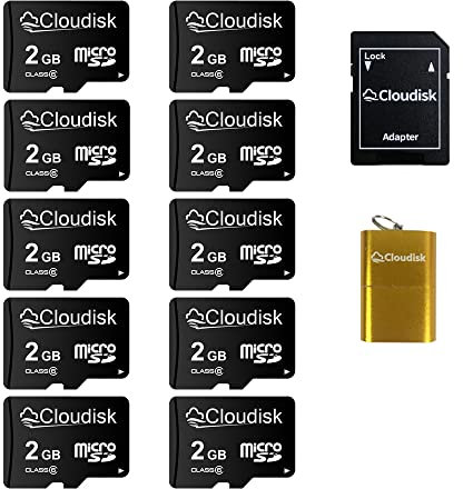 Cloudisk Pack of 10 Micro SD Card 2GB Flash Memory Card C6 with SD Adapter, Card Reader (2GB)