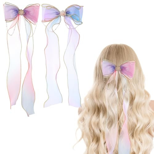 WLLHYF 2 Stück Haarschleifen für Mädchen Buntes Band Prinzessin Perle Quasten Stickereiband Haarspangen Zubehör für Mädchen Kinder Frauen Halloween Prinzessin Hochzeit Geburtstagsfeier (Lila+Blau)