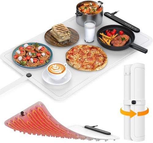 VTAR Electric Food Warming Mat Tray Warmer for Party Buffet Servers Hot Logic Heating Heater Full Surface Keep Warm, Rollable Portable, Premium Silicone, 3 Temperature Set, Auto Shut Off - White
