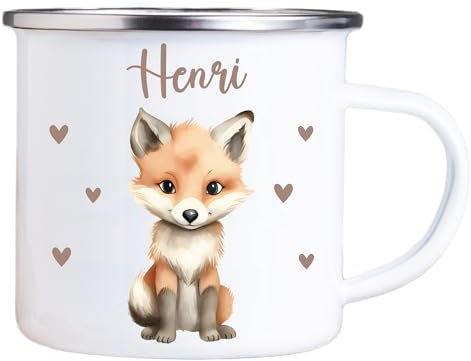 4youDesign Emaille Tasse Kinder personalisiert – Herz Fuchs – Tier Namenstasse – Geschenk für Jungen & Mädchen – Bruchsicher & Leicht – Geschenkidee zur Einschulung & Geburtstag - 300ml