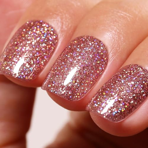 Ozzeal Smalto Semipermanente Glitter, Oro Rosa Iridescente Glitterato Smalto Semipermanente Unghie Autunno Inverno Gel Nail Polish Scintillio e lucentezza Smalto Gel Unghie Manicure 15ML