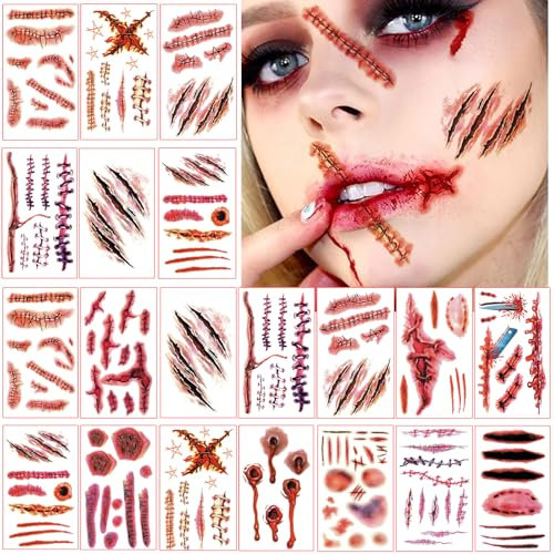 Halloween Tattoo Gesicht,Narben Tattoo Halloween,20 Blatt Halloween Tattoo Wunden Gruselig Blut Tattoo Halloween Make Up Tattoo für Face Mund Körper Kostüm Party Vampir Zombie Cosplay Halloween Deko