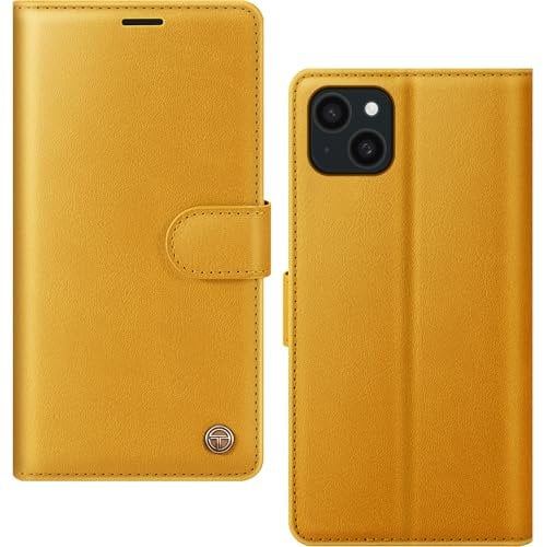 AIMOYU for iPhone 14 Case, Flip Wallet Leather Phone Case with [4 Card Slots] [Kickstand] [RFID Blocking] Magnetic Protective Shockproof Cover for iPhone 14 Phone Case - Orange