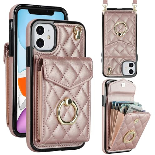 Draamvol for iPhone 11 Case Wallet Shockproof Leather iPhone 11 Phone Case with Card Holder Ring Holder Detachable Necklace Magnetic RFID Blocking Air Bumper Cover,Rose Gold