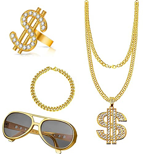 4Pcs Gold Digger Costume - Dollar Sign Necklace, Rapper Costume, Fake Gold Chain, Pound Sign Glasses, Fancy Dress, Hip Hop Costume for Women, Men, Party Supplies