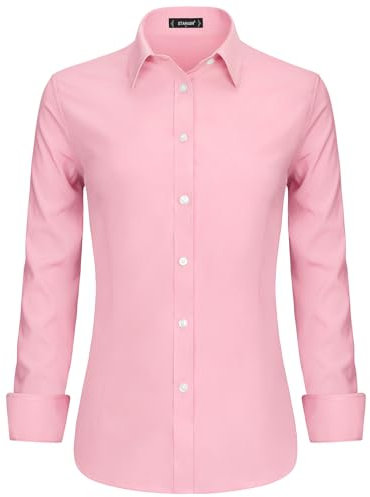 Stamain Camisa de Mujer Rosa Elegante con Scollo a V y Mangas Largas Camisa de Botones Blusa Mujer Ideal para Oficina y Eventos Formales,L