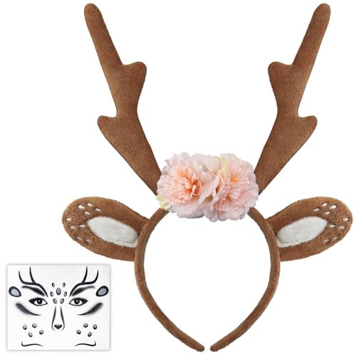 DADAPANGHU Karneval Kostüm Damen Mädchen, Reh Haarreif Damen, Reh Geweih Haarreif + Glitzer Gesichtstattoo Karneval Fasching Mottoparty Cosplay