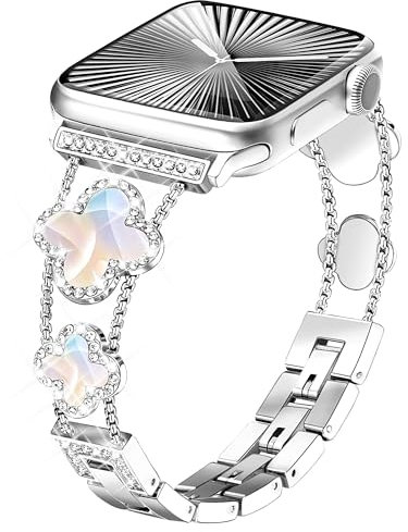 Wipalor Sparkling Four-Leaf Clover Compatible with Apple Watch Straps Women 46mm 45mm 44mm 42mm 49mm, Lucky Diamond iWatch Strap, Chic for Apple Watch Strap Series 11 10 SE 9 8 7 6 5 4 3 Ultra, Silver