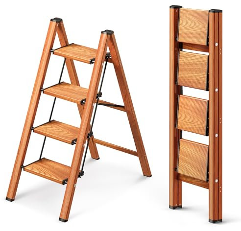GameGem Escalera de 4 Peldaños, Taburete Plegable con Plataforma Ancha Antideslizante de Aluminio Ligero Pero Resistente, Carga Máxima 150 kg, Diseño Moderno para Espacios Domésticos Interiores
