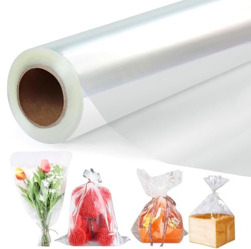 GIBOHOM 43 CM x 30 M Papier Transparent Emballage, 3 Mil Cellophane Emballage Transparent Papier Emballage Fleuriste, Papier Cadeau Transparent pour Fleurs, Artisanat, Bonbons, Paniers Cadeaux