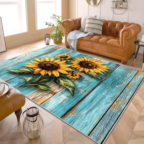 PaxGloz Landhausstil Deko - Teppiche Wohnzimmer Schlafzimmer Sonnenblumen, Großer Teppich Frühling Blumen, Weich Kurzflor & Waschbar & rutschfest Wohnzimmerteppich, Kinderteppich, 140x200 cm