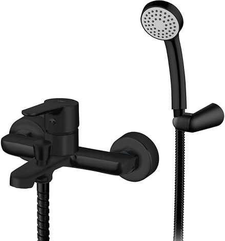 HOMSSY Robinet mitigeur pour baignoire en laiton avec finition noire mate, montage mural avec sortie pour douche, design stylisé (noir)