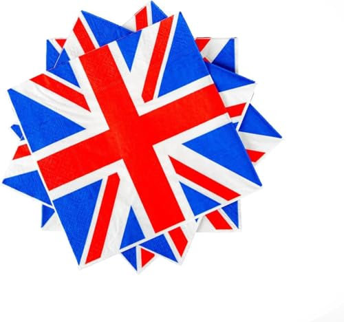 100x Union Jack Paper Napkins – UK British Red White Blue Tableware for Tea Parties, Royal Events, Weddings or VE Day – 2-Ply Serviettes 33cm