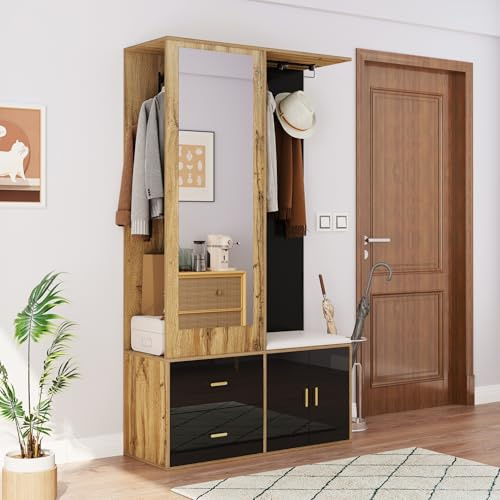 Merax Garde-robe de couloir avec miroir, meuble à chaussures et banc à chaussures, garde-robe compacte avec cintres extensibles, noir et couleur bois