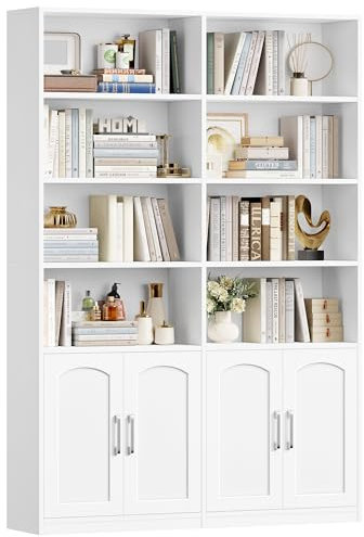 FirFurd Bookcase 6-Tier Bookshelf with Doors 185.5cm Living Room Bookcase Freestanding Display Shelf Tall Storage Cupboard for Home Office White 115x27x185.5cm
