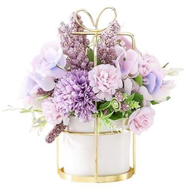 Artificial Flowers in Vase Silk Flowers,Pink Peony Artificial Flowers,Bathroom Decorations,Ceramic Flower Pot Metal Frame Decoration Wedding Table Decoration Birthday Table Decorations (Purple, 8)