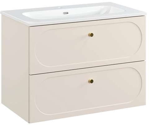 Lomadox Badezimmer Waschtisch 80 cm in sandbeige mit Einbauwaschbecken, hängend mit goldenen Knopfgriffen, 2 Schubladen
