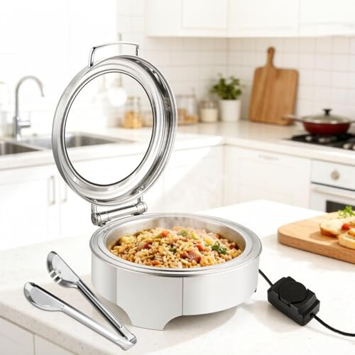 YUCHENGTECH Calentador de Comida Buffet Electrico Capacidad 6L Chafing Dish Buffet Electrico Acero Inoxidable con Temperatura Ajustable y Tapa de Cristal para Buffet de Catering y Fiestas 400W